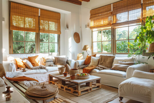 Sal&oacute;n estilo mediterr&aacute;neo espacioso y luminosos, decorado con grandes sof&aacute;s y muebles de madera natural y estores, y plantas de interior, con grandes ventanales con vistas al jard&iacute;n