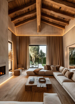 Sal&oacute;n lujoso moderno minimalista de estilo mediterraneo ibicenco con gran techo de madera, chimenea y gran sof&aacute; con mesa central, con grandes ventanales cubiertas con cortinas marrones