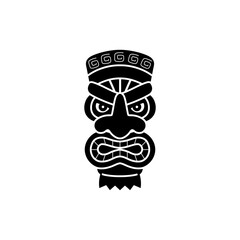 Tiki mask vector black line art style icon, ethnic tribal wooden carved totem Hawaiian idol scary face with toothy mouth