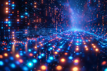 A binary background with dark blue and touches of neon highlights creating a technological and futuristic aesthetic