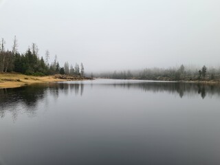 Blick vom Ufer des Oderteichs im Harz in Deutschland in der Nähe von Braunlage 
