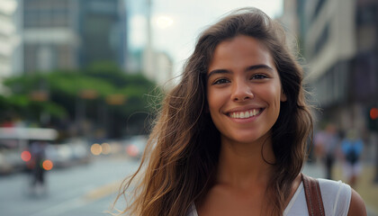 Retrato Cinematográfico de Mulher Brasileira de 30 Anos com Cabelos Longos Caminhando na Avenida Paulista, Sorrindo IA Generativa