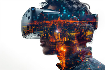 Young man exploring virtual urban landscape using vr technology