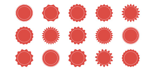 Set of red sunburst stickers. Price tags with zig zag, scallop, wavy edges. Kit of badges, stamps, labels, speech bubbles isolated on white background.