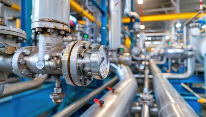 A close-up of a gauge on a large industrial pipeline. AI.