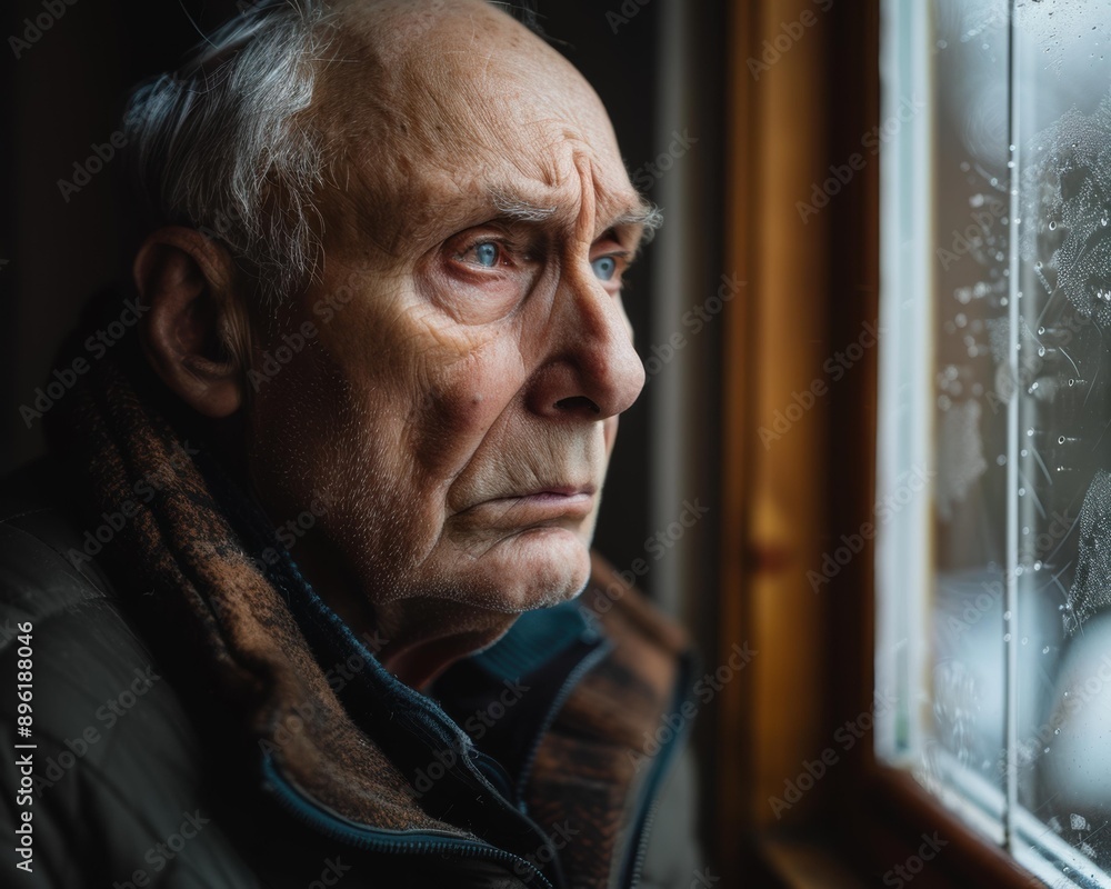 Poster An elderly man looks out of a window. AI.