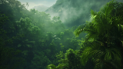 Obraz premium A misty rainforest awakens to the sound of chirping birds, lush greenery enveloping the scene. 8K resolution shot with a professional DSLR camera. Shallow depth of field. sharp focus exquisite details