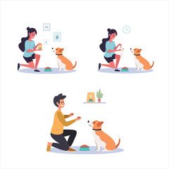 Different people feeding dogs
