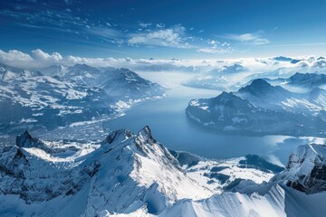 Obraz premium A serene landscape with a lake surrounded by snow-covered mountains, great for use in calendars or travel brochures