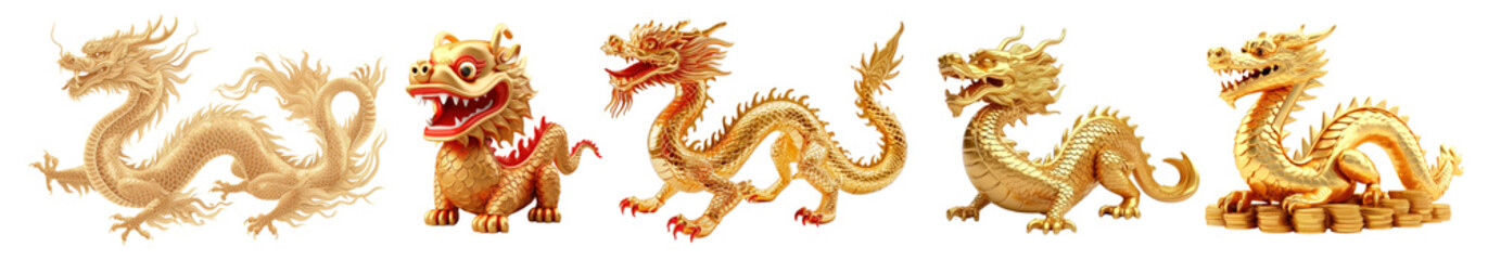 Fototapeta premium Chinese golden dragon statue png cut out element set