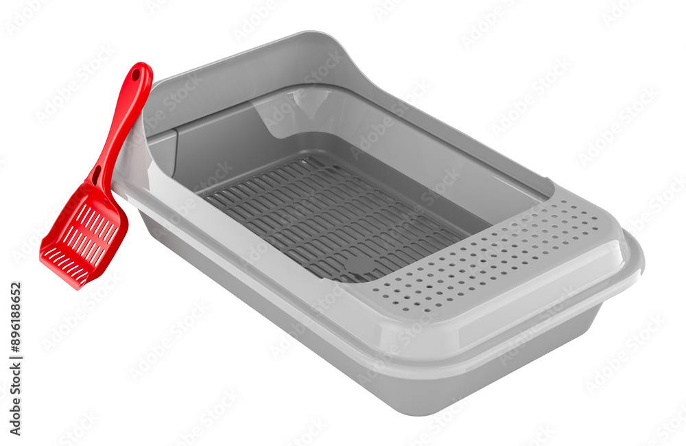 Poster cat litter box with litter scoop. 3d rendering isolated on transparent background
