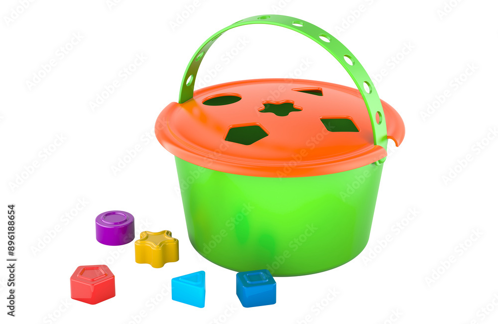 Poster brightly coloured shape block sorter bucket for toddler. 3d rendering isolated on transparent backgr