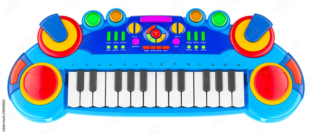 Poster kids keyboard multifunction piano keyboard toddler, top view. 3d rendering isolated on transparent b