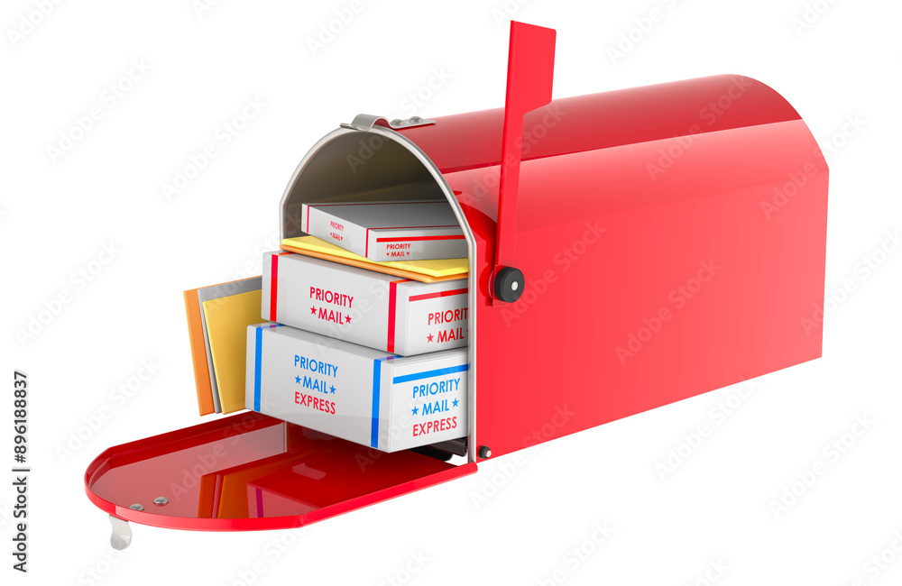 Poster red mailbox with parcels, opened. 3d rendering isolated on transparent background