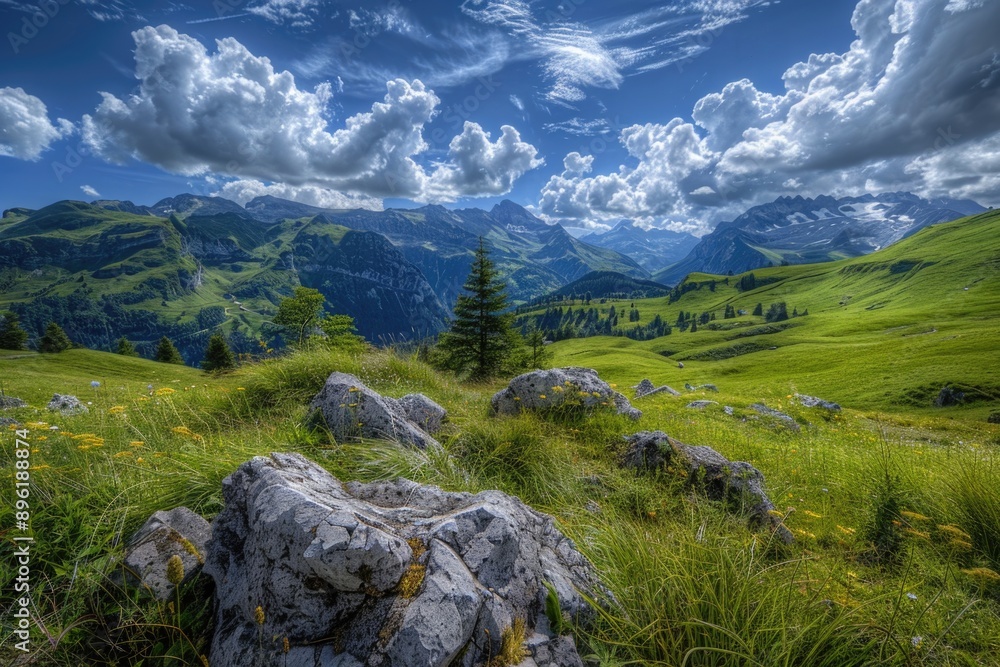 Poster a large rock sits in the middle of a green grassy field, with no other objects or people in sight