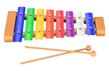 Wooden Xylophone 8 Notes for Kids Toddler with Multicolored Metal Bars. 3D rendering isolated on transparent background