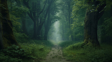 Obraz premium A serene forest path winds through towering ancient trees. 8K resolution shot with a professional DSLR camera. Shallow depth of field. sharp focus exquisite details high dynamic range