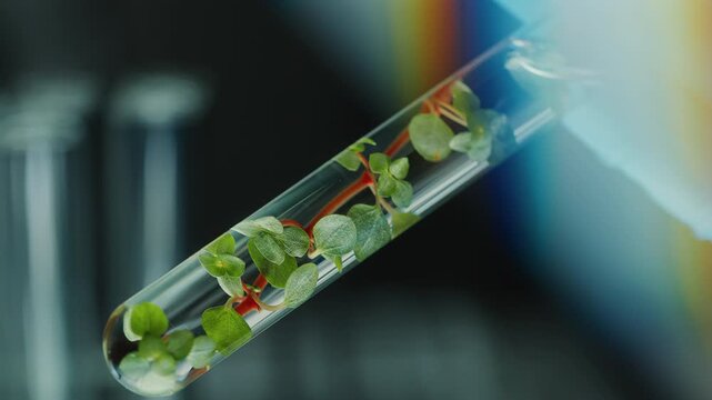 Hand of scientist in glove turning test tube with green plant inside and examining it during biotechnology research in laboratory. Macro shot