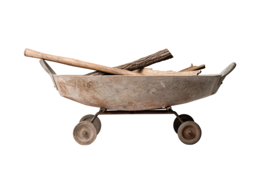 Rustic wheelbarrow filled with wooden logs. Perfect for vintage, farm life, and gardening themes in stock photography.