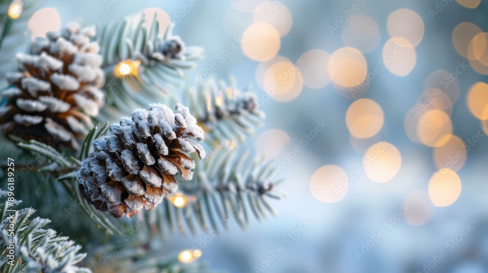 Poster pine tree with snow on it and lights shining on it