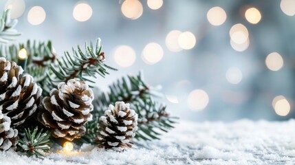 A Christmas tree with pine cones and snow on the ground
