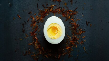 A single egg is sitting on a black surface with a pile of brown leaves around it