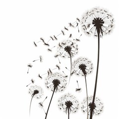 An outline of a black silhouette with flying dandelion buds on a white background