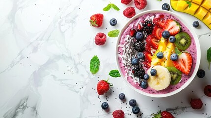 Healthy breakfast smoothie bowl with fresh fruit and chia seeds.