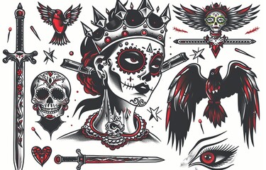 On a white background, a vintage set of black and white tattoo elements