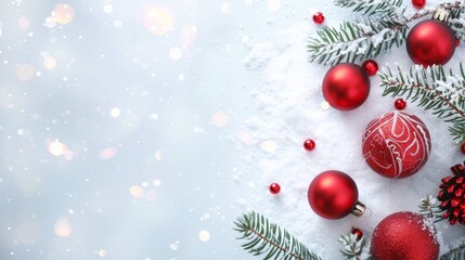 Obraz premium Christmas tree with red ornaments and snow