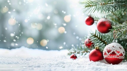 A Christmas tree with red ornaments and snow on the ground