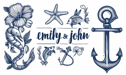 An illustration of an anchor, a seahorse, and shell entangled with algae and flowers. Modern illustration of a marine logo on a grunge background, rendered by hand.