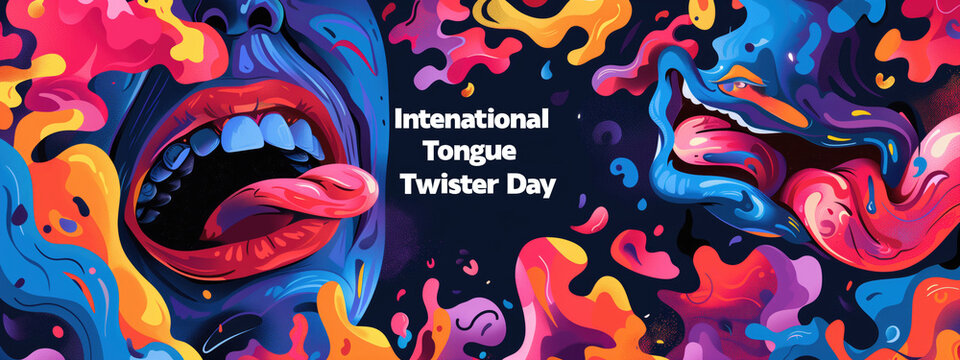 Abstract colorful illustration of two mouths with tongues out and vibrant splashes around them. Celebration, creativity, artistic expression, International Tongue Twister Day event, graphic design.