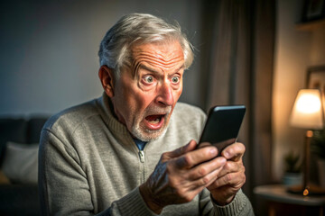 Nervous confused elderly senior man stressed worried with smartphone. Frustrated grandpa having problem with paying, buying online and payments. Internet fraud or scams 
