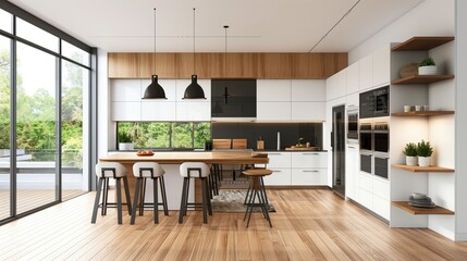 Modern kitchen with large windows, wooden flooring, white cabinets, built-in appliances, island with stools, and pendant lights.
