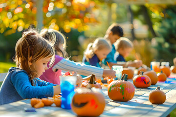 Children Enjoying Pumpkin Painting Activity Outdoors