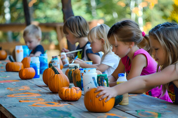 Fototapeta premium Children Enjoying Pumpkin Painting Activity Outdoors