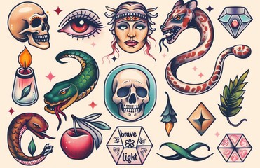 Detailed hand drawn vintage retro tattoo sketch of a tiger, lip, eagle, swallow, skull and bird. Ideal for notebooks, logos, or t-shirts.