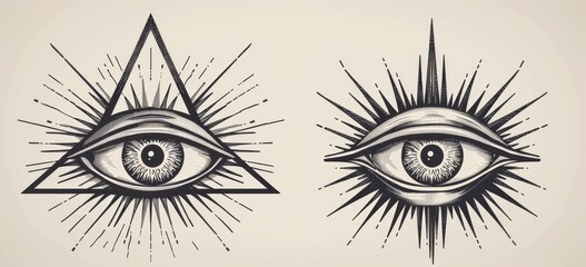 Monochrome hand-drawn sketch of an all-seeing eye in the sky with a light ray, symbol of Masonry and Illuminati.