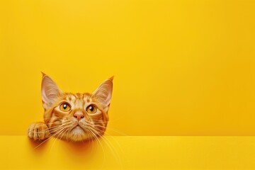 Orange tabby cat peeking over yellow background with curious expression. Pet photography, animal portraits, cat lovers, vibrant imagery, playful pets concept.