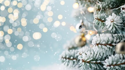 Obraz premium A Christmas tree with snow on it and a bell hanging from it