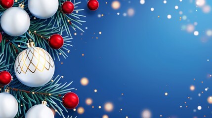 A blue background with white and red Christmas decorations