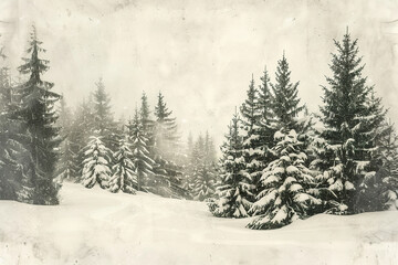 Naklejka premium A snowy forest with trees covered in snow.