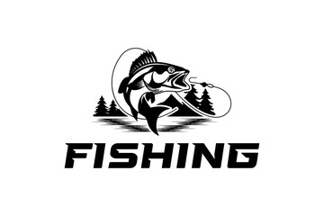 Bass Fishing Logo. Unique largemouth Bass Jumping out of the water. Great to use as your Bass fishing activity.