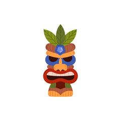 Tiki mask vector icon, tribal wooden carved totem, Hawaiian idol scary face with toothy mouth, decorated with leaves