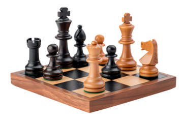 Wooden chess pieces on a chessboard in a strategic game setup, isolated on a white background.
