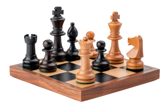 Wooden chess pieces on a chessboard in a strategic game setup, isolated on a white background.
