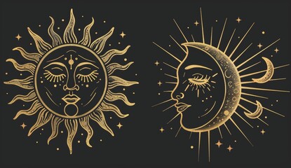 Symbols of occultism for prints, posters, illustrations, and patterns. Set of gold sun, moon, stars, clouds, constellations, and esoteric symbols.