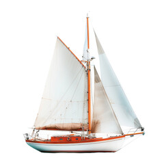 Obraz premium Elegant white sailboat with vibrant orange accents and large billowing sails. Perfect for ocean adventure or sailing enthusiast imagery.