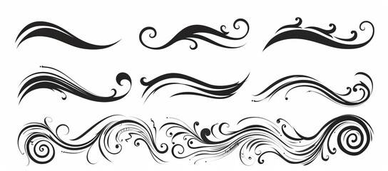 Fototapeta premium The set includes vintage swirl ornaments, line flourishes, and ornamental curls. The elements are ideal for menus, diplomas, invitation cards, and outline text to divide the text.